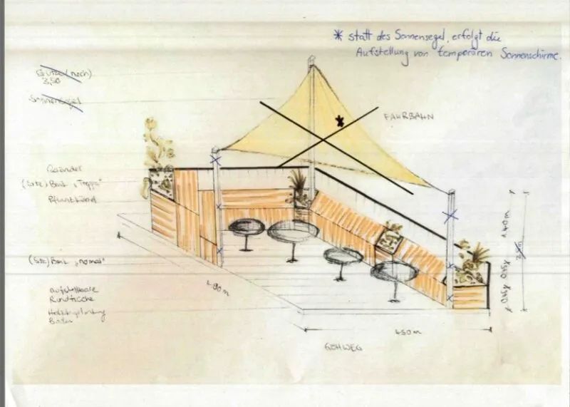 Angepasste Skizze des Parklets ohne Sonnensegel – Café Glocke Dresden